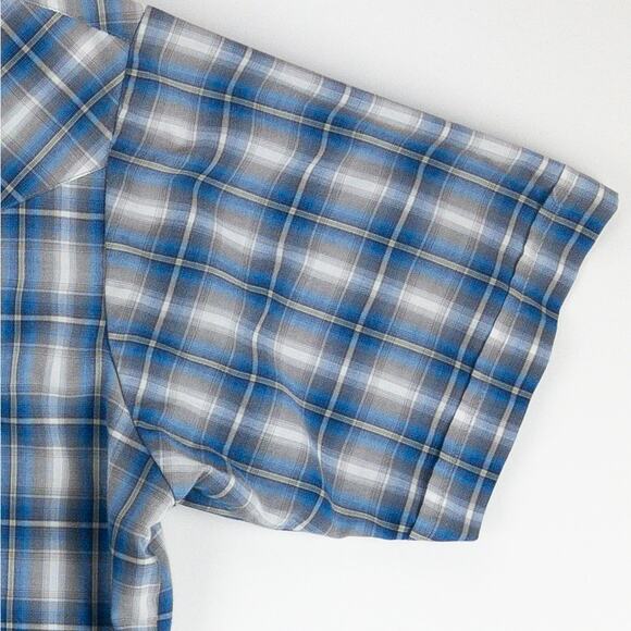 Plains Western Shirt Men's Large Short Sleeve Pearl Snaps Plaid White Blue - Picture 4 of 9